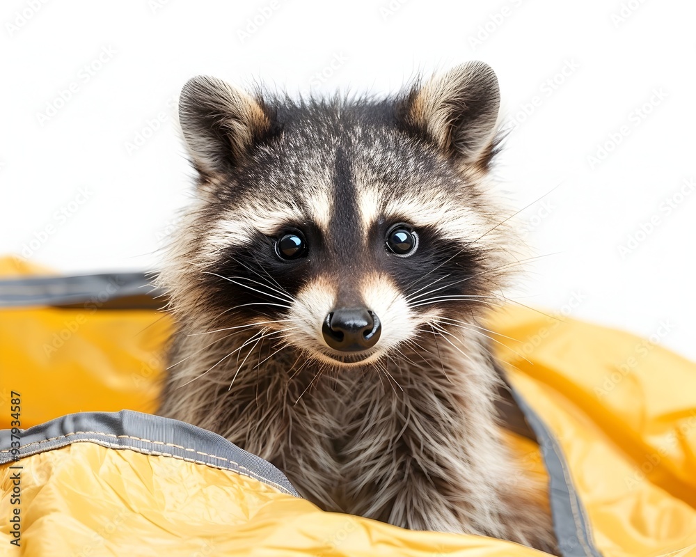 Obraz premium Curious Raccoon Exploring Mischievous and Alert on Campsite with White Background