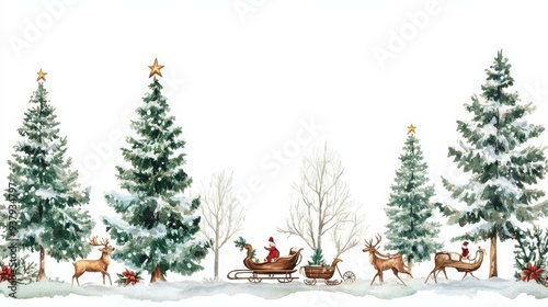 Vintage Christmas Charm, a whimsical watercolor collage featuring festive trees, sleighs, and reindeer against a crisp white backdrop, perfect for seasonal greetings.