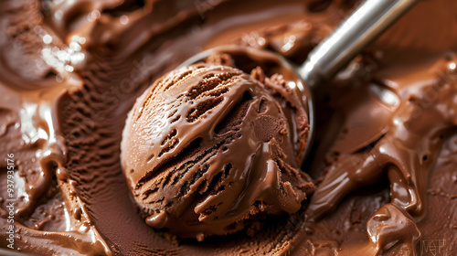 A close-up of creamy chocolate ice cream being scooped from a container