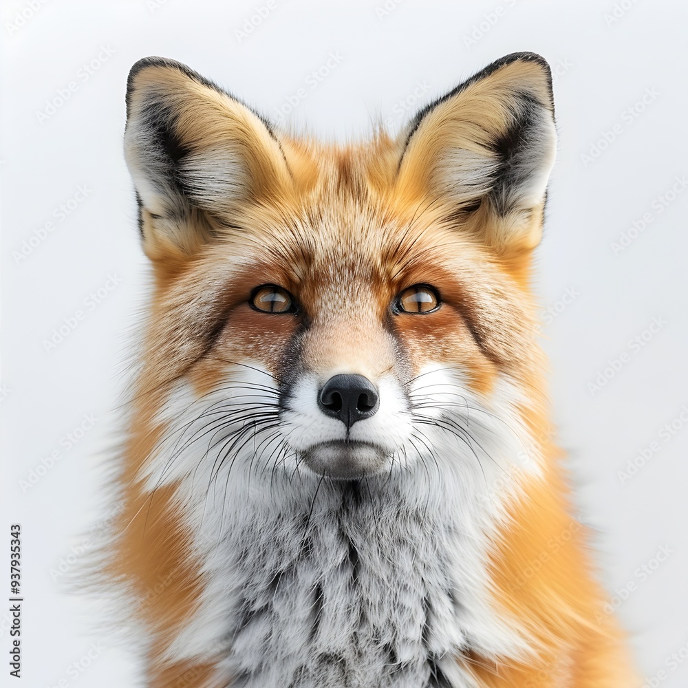 Naklejka premium Curious Red Fox Exploring Vibrant Meadow on White Background with Copy Space
