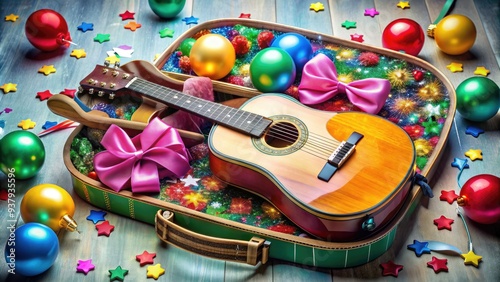 A beautifully decorated guitar case filled with colorful music-themed gifts, such as guitar picks, music sheets, and headphones, surrounded by festive balloons and ribbons.