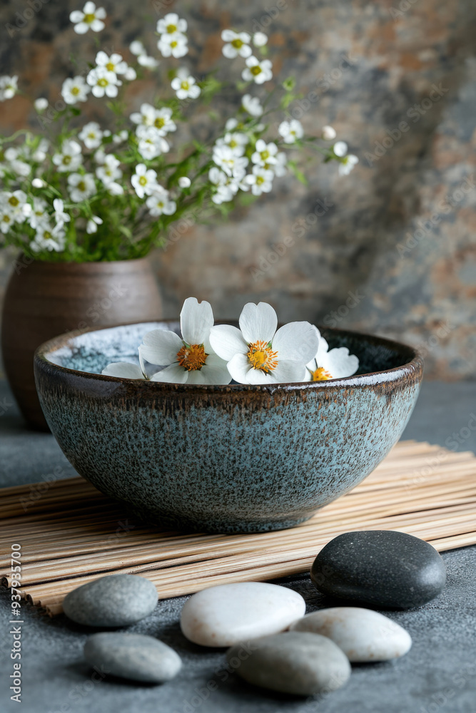 Spa Serenity, A peaceful spa atmosphere showcasing a bowl of fresh flowers, smooth stones, and a bamboo mat for relaxation and rejuvenation Spa Serenity, A peaceful spa atmosphere showcasing a bowl of fresh flowers, smooth stones, and a bamboo mat for relaxation and rejuvenation