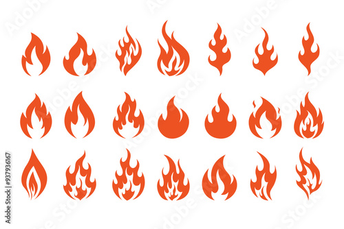 Fire symbols isolated icon flat set on white background. Blaze silhouette element