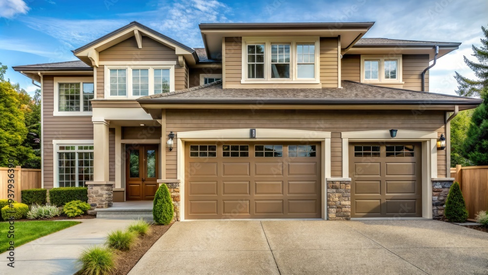 A beautiful, modern garage door with a neutral tone and windows, situated in a well-manicured suburban home's exterior, exuding warmth and curb appeal. A beautiful, modern garage door with a neutral tone and windows, situated in a well-manicured suburban home's exterior, exuding warmth and curb appeal.