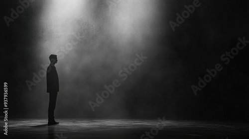 Person Silhouette, A silhouette of a solitary person stands against a soft black background, creating a sense of intrigue and deep thought