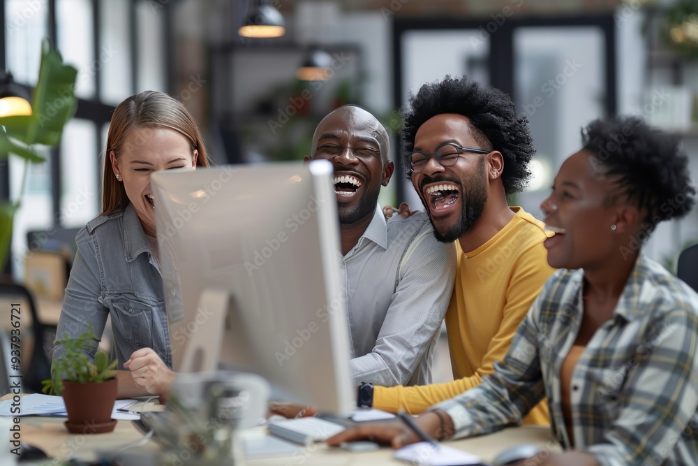 Fototapeta premium A diverse group of professionals happily celebrating success while collaborating on a project in a modern office.
