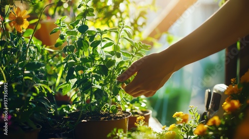 A person tends to plants in a garden, watering, pruning, or planting. The background is filled with greenery, emphasizing the peacefulness and connection to nature.