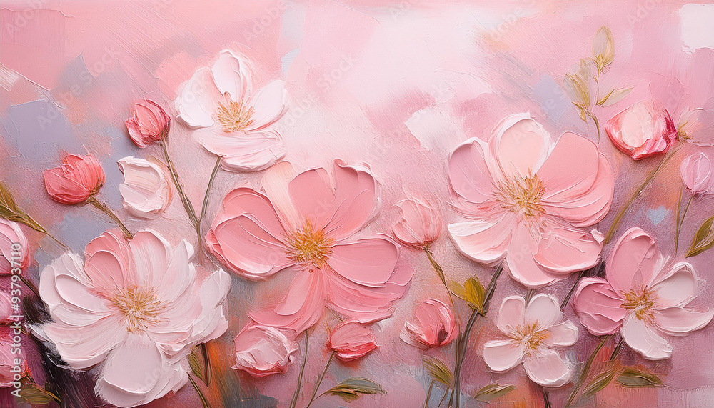 Fototapeta premium Rough palette knife oil painting of pastel pink flowers. Hand drawn art.