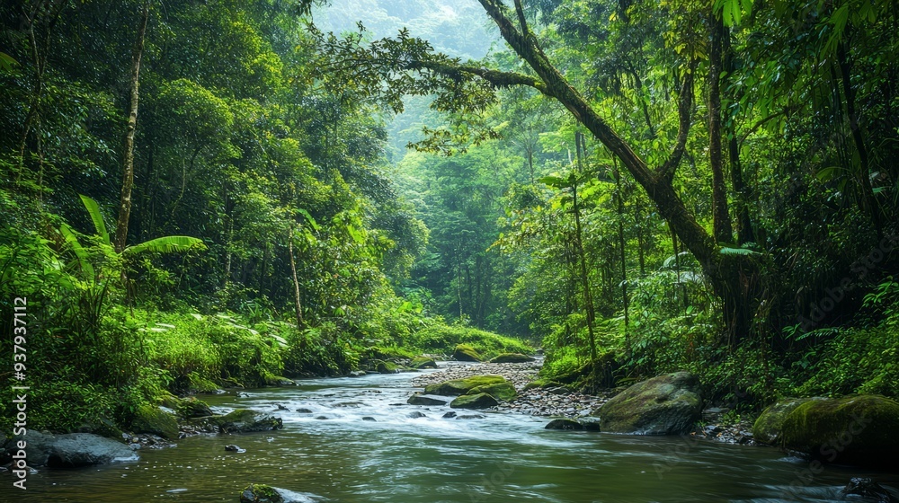 Obraz premium A lush forest with diverse wildlife, vibrant green foliage, and a clean river running through