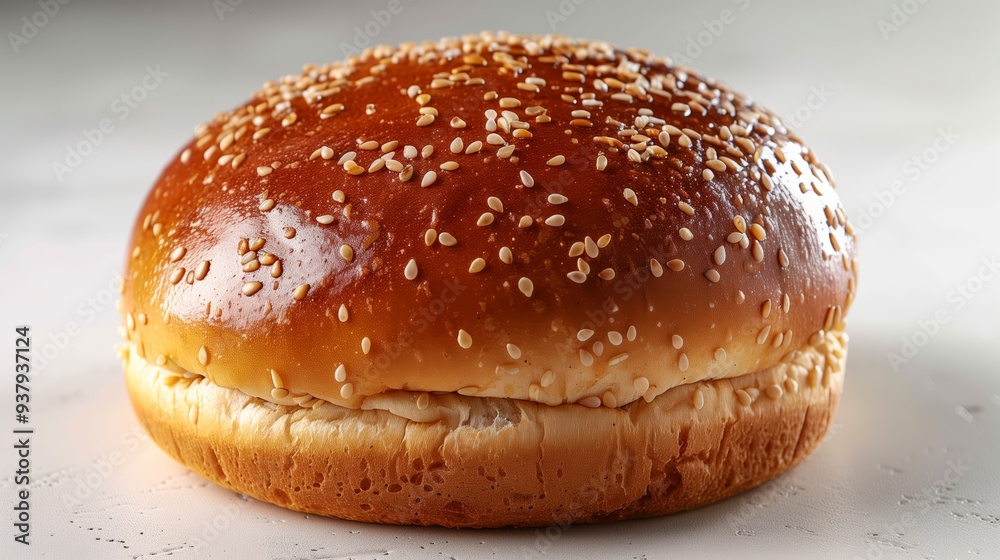 Freshly baked sesame seed burger bun resting on white surface Freshly baked sesame seed burger bun resting on white surface