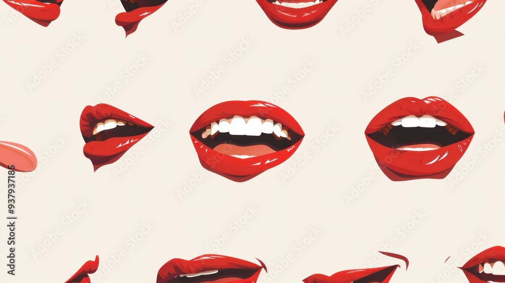 Vibrant lips with red lipstick on a light beige background, showcasing different expressions and styles Vibrant lips with red lipstick on a light beige background, showcasing different expressions and styles
