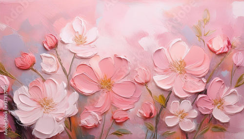 Wallpaper Mural Rough palette knife oil painting of pastel pink flowers. Hand drawn art. Torontodigital.ca