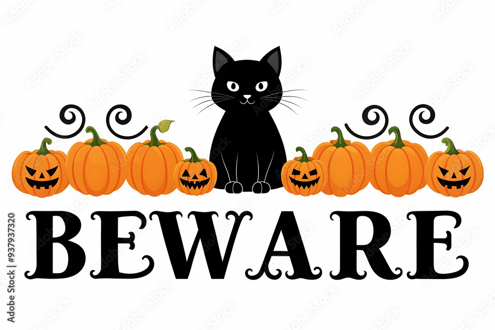 Flat Black Cat and Pumpkin Border with Beware Text concept as A sleek border frame featuring black cats and pumpkins around the edges with the word Beware in a bold mysterious font. The design include Flat Black Cat and Pumpkin Border with Beware Text concept as A sleek border frame featuring black cats and pumpkins around the edges with the word Beware in a bold mysterious font. The design include