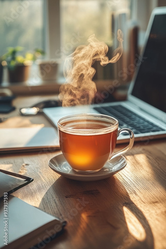 Desk Setup,  A tidy desk featuring a computer, an open notebook, and a steaming cup of herbal tea, creating an inviting workspace