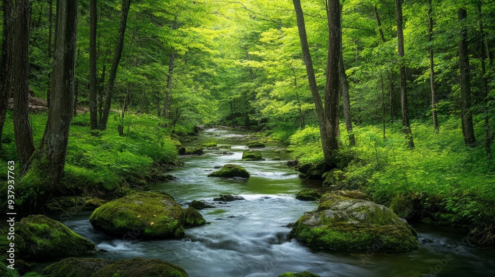 A lush forest with diverse wildlife, vibrant green foliage, and a clean river running through A lush forest with diverse wildlife, vibrant green foliage, and a clean river running through