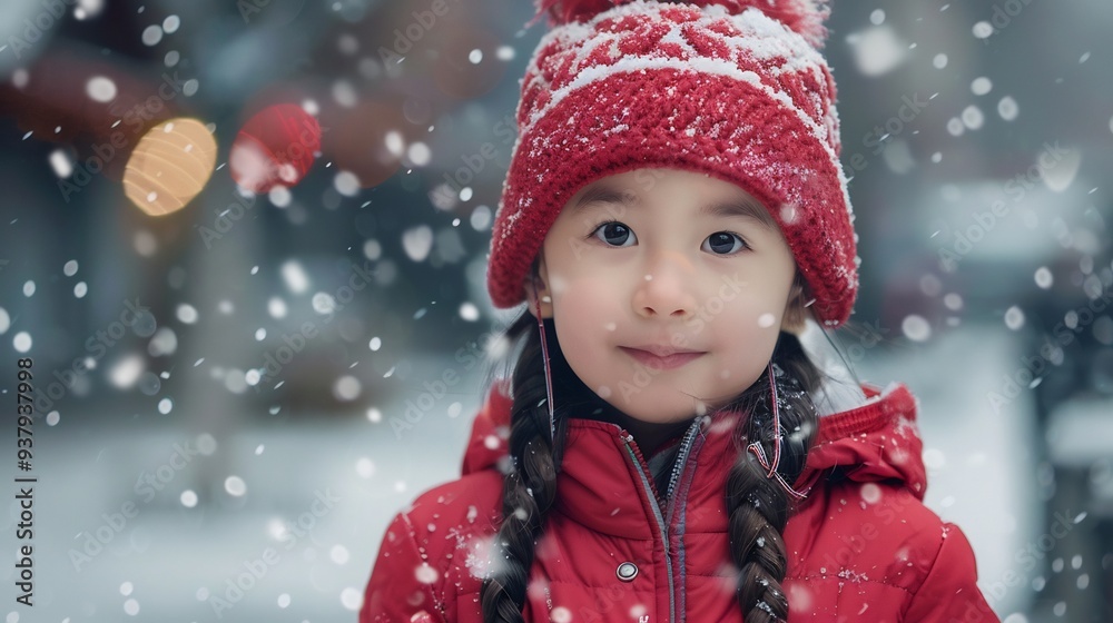 Young girl in red winter clothes with falling snow Young girl in red winter clothes with falling snow