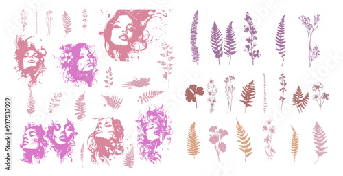 Detailed trendy design for natural products, wall art, social media, prints, invitations and branding design. Vector set of line drawings of decorated women's heads with flowers, plants and leaves.