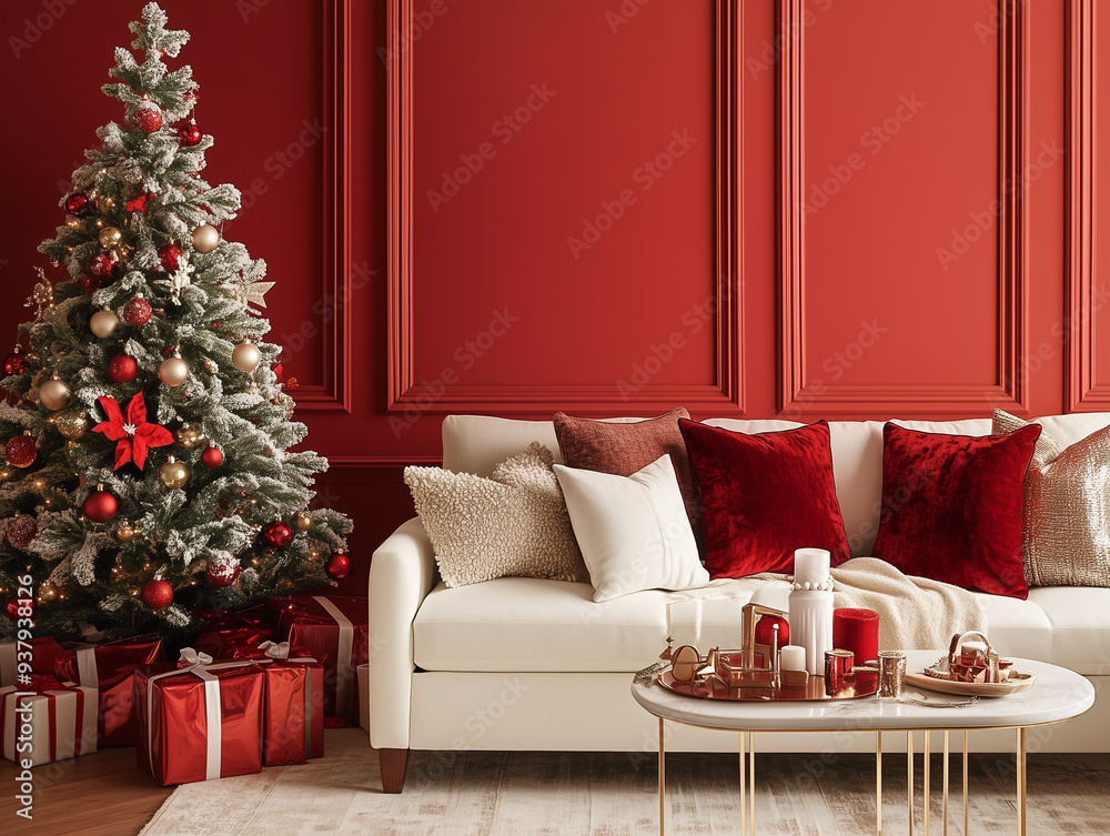 A red wall with a white couch and a white coffee table. A white Christmas tree with red ornaments and a red bow on top A red wall with a white couch and a white coffee table. A white Christmas tree with red ornaments and a red bow on top