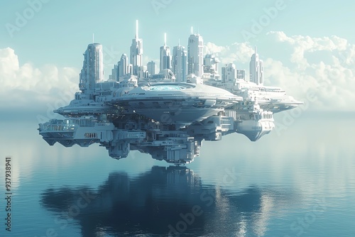 A futuristic floating city with sleek architecture reflecting on tranquil waters, surrounded by a serene sky.