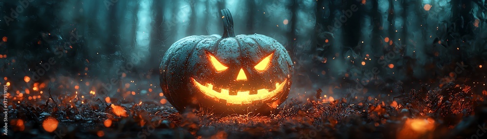 Fototapeta premium A glowing Halloween pumpkin illuminated in a mystical forest setting, evoking a sense of spookiness and enchantment.