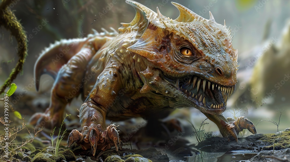 Ferocious Fantasy Creature in a Lush Jungle Ferocious Fantasy Creature in a Lush Jungle