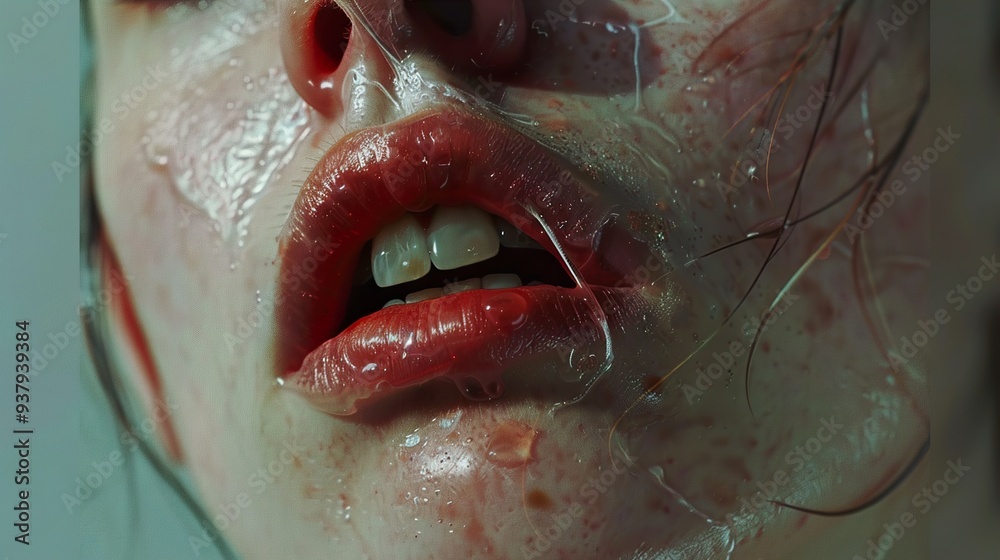 Obraz premium Close Up of Wet Lips with Glossy Texture