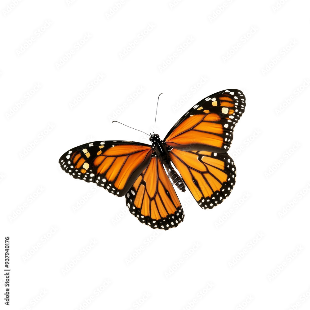 Fototapeta premium Monarch Butterfly in Flight, Isolated on White Background