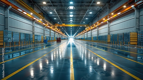 An eco-friendly warehouse powered by renewable energy, highlighting solar panels and energy-efficient automation technology. Generative AI.