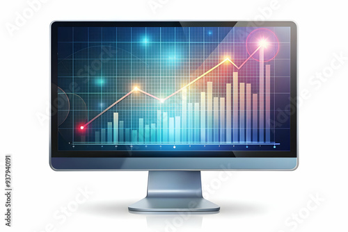 Flat Desktop Monitor with Holographic Sales Graph concept as Horizontal shot of a desktop monitor on a white background with a glowing holographic sales graph floating above the screen offering a tech