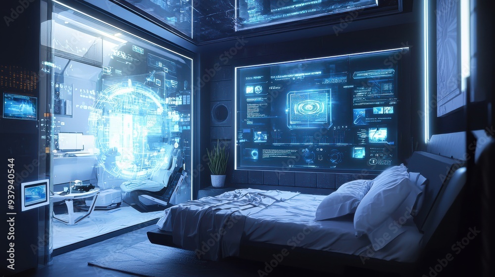 A digital AI assistant customizes a user's day with preferences projected as a hologram in a futuristic bedroom, emphasizing cutting-edge AI technology. A digital AI assistant customizes a user's day with preferences projected as a hologram in a futuristic bedroom, emphasizing cutting-edge AI technology.