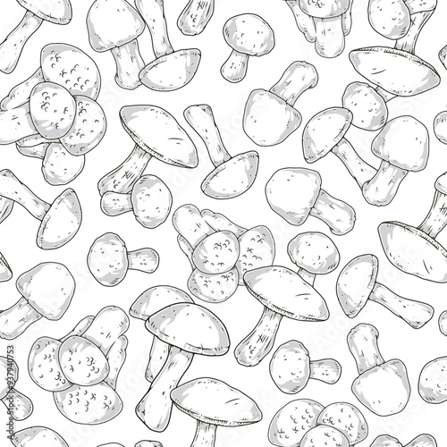 Fresh mushrooms monochrome seamless pattern