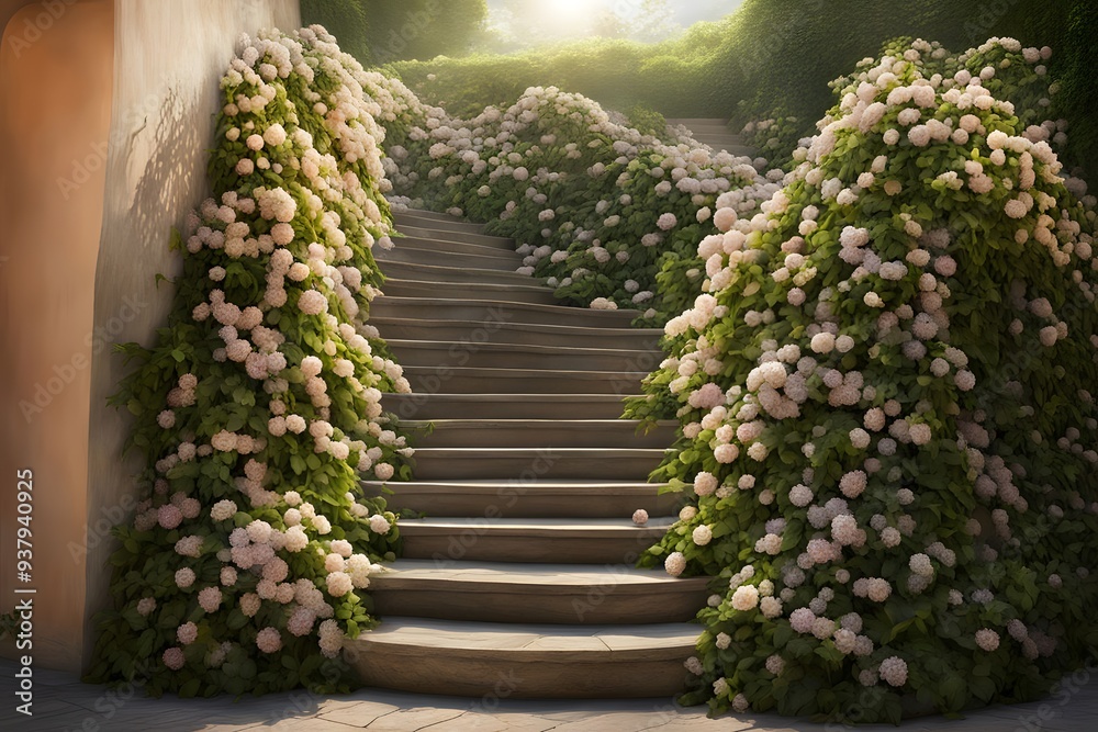 A staircase built from intertwined vines and blooming flowers ascending gracefully, AI Generated A staircase built from intertwined vines and blooming flowers ascending gracefully, AI Generated