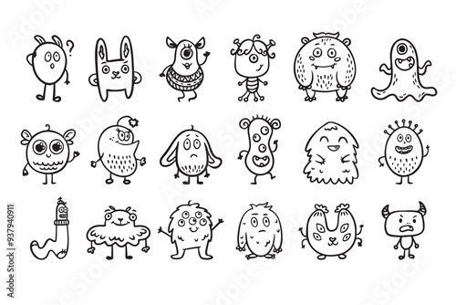 Monster alien doodle set, funny and cutes monster, hand drawn cartoon line monsters.