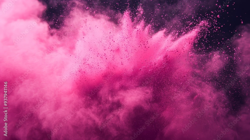 Fototapeta premium Vibrant pink explosion of powder creating a mesmerizing abstract effect against a dark background.