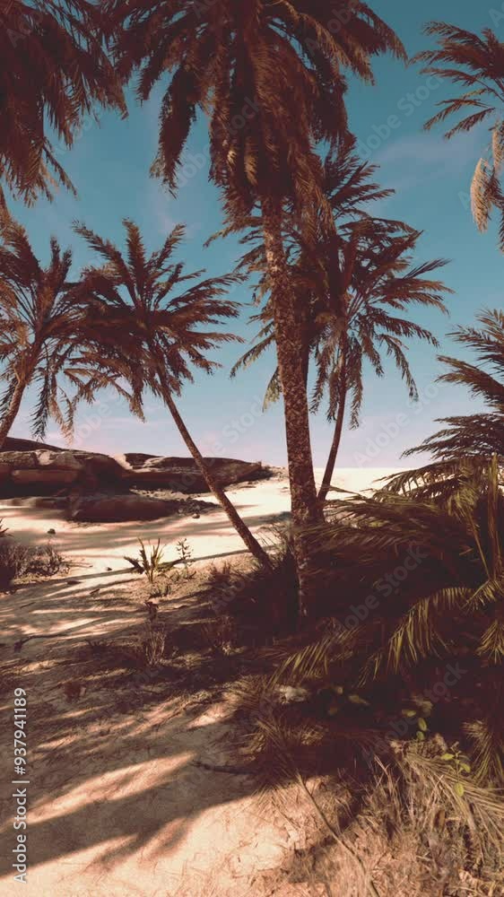 Palm trees of oasis in desert landscape Palm trees of oasis in desert landscape