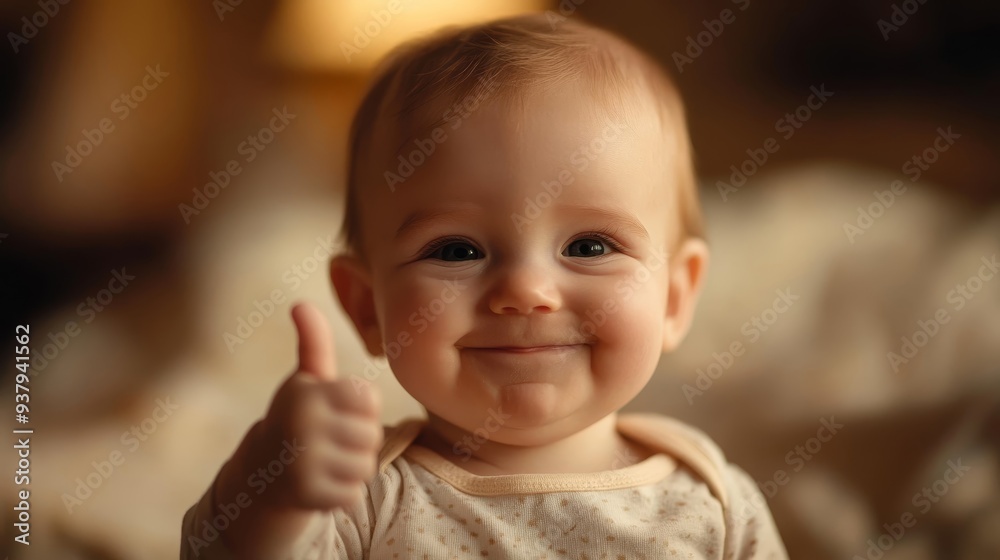 A joyful baby giving a thumbs up, radiating happiness and positivity in a warm, cozy setting. A joyful baby giving a thumbs up, radiating happiness and positivity in a warm, cozy setting.