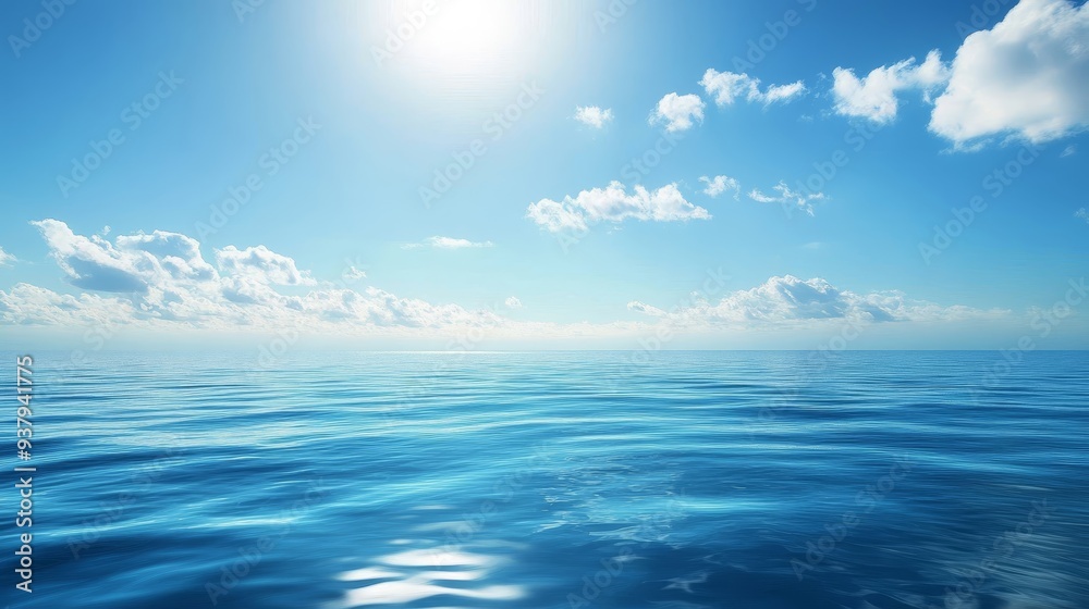 Fototapeta premium A serene ocean view under a bright sun, showcasing calm blue waters and soft, fluffy clouds in a clear sky.