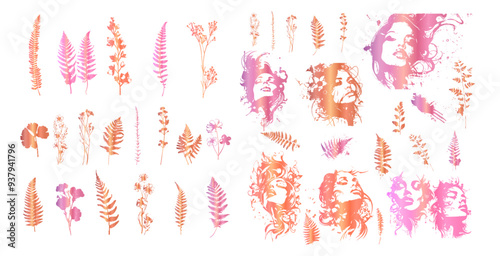 Detailed trendy design for natural products, wall art, social media, prints, invitations and branding design. Vector set of line drawings of decorated women's heads with flowers, plants and leaves.