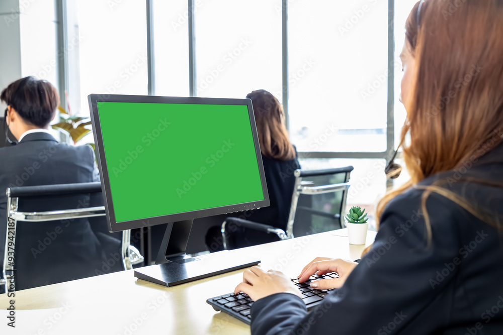 Asian female woman call center agent working on computer with green screen in modern office. Asian female woman call center agent working on computer with green screen in modern office.