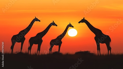 A stunning silhouette of giraffes against a vibrant sunset, showcasing their graceful necks and the beauty of nature.