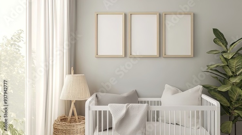 Modern Nursery Design: Elegant White Crib with Decorative Pillows, Blank Frames, and Natural Light - Perfect for Stylish Home Decor or Nursery Wall Art Poster