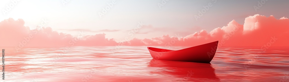A tranquil scene featuring a red boat floating serenely on calm waters under a soft, pastel sky. A tranquil scene featuring a red boat floating serenely on calm waters under a soft, pastel sky.