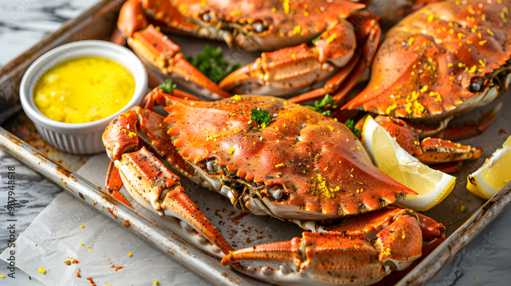 Deliciously seasoned crabs served with lemon wedges and melted butter on a tray Deliciously seasoned crabs served with lemon wedges and melted butter on a tray