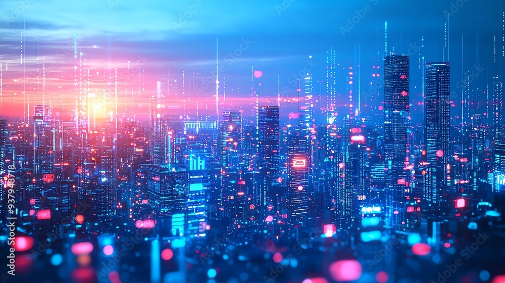 A vibrant cityscape with futuristic buildings glowing in neon lights, set against a stunning sunset backdrop. A vibrant cityscape with futuristic buildings glowing in neon lights, set against a stunning sunset backdrop.