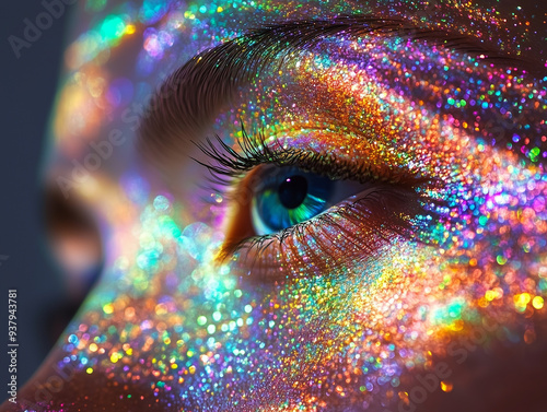 Closeup of a Sparkling Eye with Glitter Makeup and Bokeh Lights