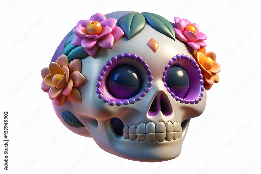 Flat Glossy Calavera with Holographic Cempas chil concept as Close up of a glossy calavera surrounded by holographic cempas chil flowers isolated on a white background offering a colorful and modern D
