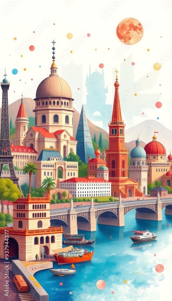Famous landmarks of the world in watercolor style. Illustration, Travel ...