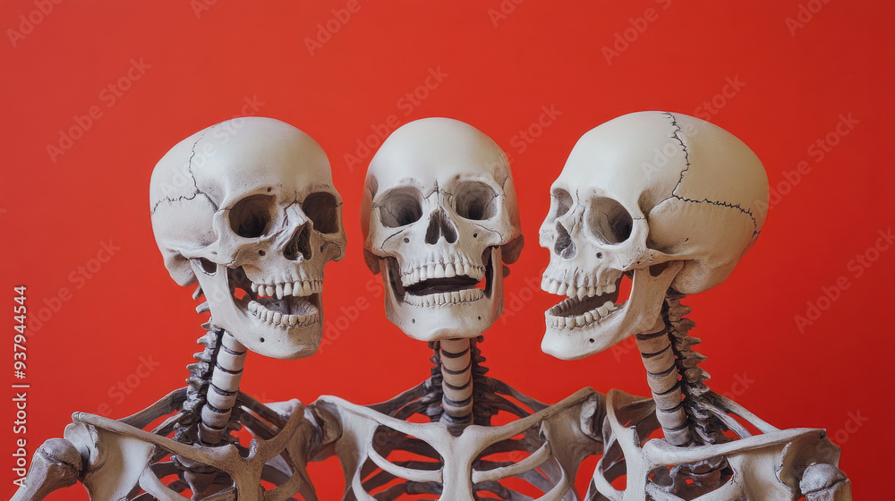 Cheerful Skeletons, Three happy skeletons are displayed against a bright red background, ideal for Halloween decorations and spooky-themed events Cheerful Skeletons, Three happy skeletons are displayed against a bright red background, ideal for Halloween decorations and spooky-themed events