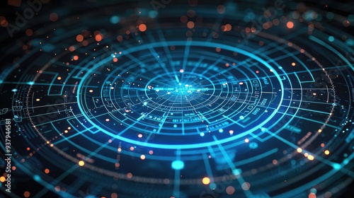 Wallpaper Mural Close-up of an electronic radar screen with blue lines and dots on the map representing flying objects. The background is dark gray, creating a contrast between light and dark. Generative AI. Torontodigital.ca