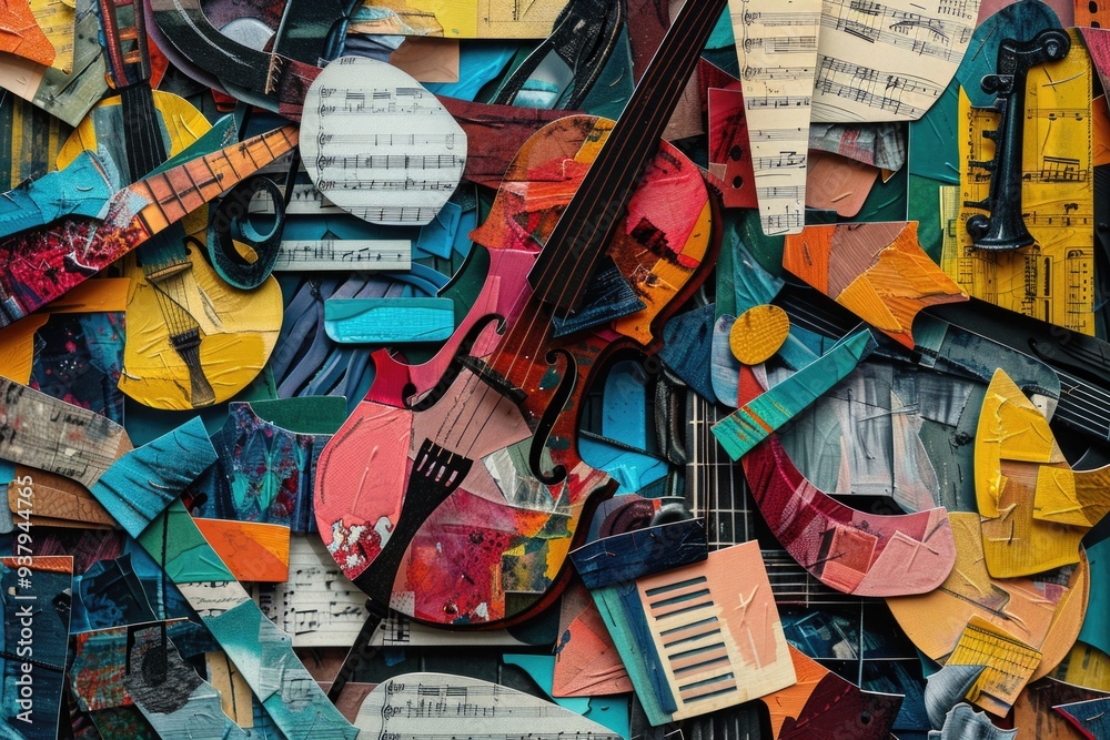 Obraz premium Close-up view of a guitar surrounded by music notes